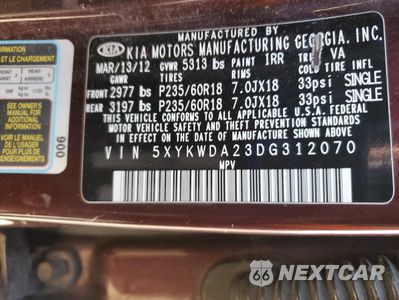 Zdjęcie 13 z 13 samochodu: 2013 KIA SORENTO SX VIN:5XYKWDA23DG312070 - miniatura