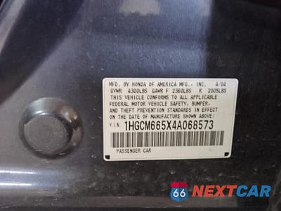 Zdjęcie 12 z 12 samochodu: 2004 HONDA ACCORD EX VIN:1HGCM665X4A068573 - miniatura