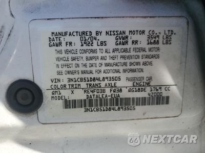 Zdjęcie 12 z 12 samochodu: 2004 NISSAN SENTRA 1.8 VIN:3N1CB51D84L893505 - miniatura