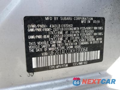 Zdjęcie 12 z 12 samochodu: 2019 SUBARU CROSSTREK PREMIUM VIN:JF2GTACC0KH370064 - miniatura