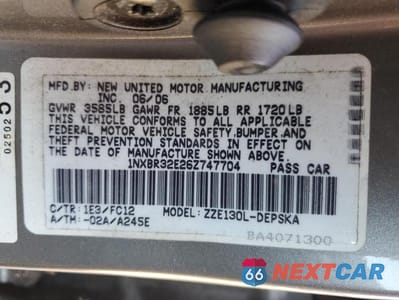 Zdjęcie 12 z 12 samochodu: 2006 TOYOTA COROLLA CE VIN:1NXBR32E26Z747704 - miniatura