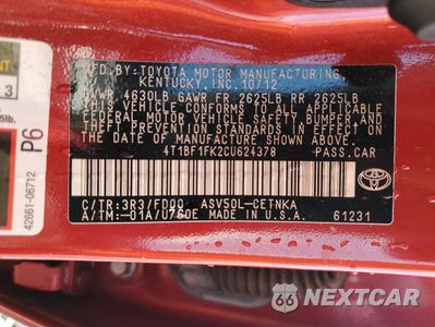 Zdjęcie 12 z 14 samochodu: 2012 TOYOTA CAMRY BASE VIN:4T1BF1FK2CU624378 - miniatura