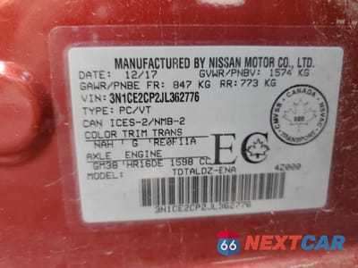 Zdjęcie 12 z 12 samochodu: 2018 NISSAN VERSA NOTE S VIN:3N1CE2CP2JL362776 - miniatura