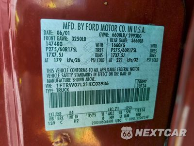 Zdjęcie 12 z 12 samochodu: 2001 FORD F150 SUPERCREW VIN:1FTRW07L21KC03936 - miniatura