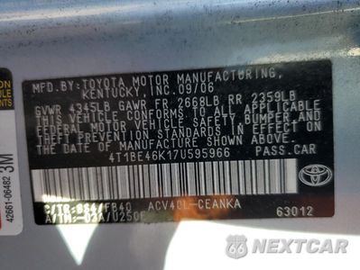 Zdjęcie 12 z 12 samochodu: 2007 TOYOTA CAMRY CE VIN:4T1BE46K17U595966 - miniatura