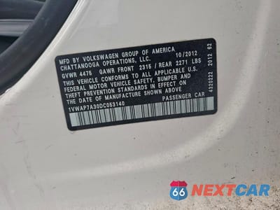 Zdjęcie 13 z 13 samochodu: 2013 VOLKSWAGEN PASSAT S VIN:1VWAP7A30DC053140 - miniatura