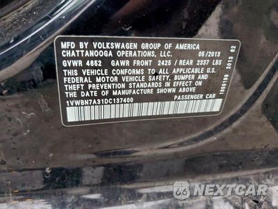 Zdjęcie 12 z 12 samochodu: 2013 VOLKSWAGEN PASSAT SE VIN:1VWBN7A31DC137400 - miniatura