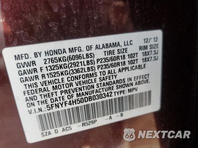 Zdjęcie 13 z 15 samochodu: 2013 HONDA PILOT EXL VIN:5FNYF4H50DB030342 - miniatura
