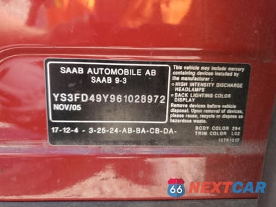 Zdjęcie 12 z 12 samochodu: 2006 SAAB 9-3 VIN:YS3FD49Y961028972 - miniatura