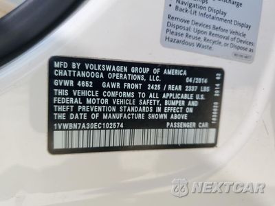 Zdjęcie 13 z 15 samochodu: 2014 VOLKSWAGEN PASSAT SE VIN:1VWBN7A30EC102574 - miniatura