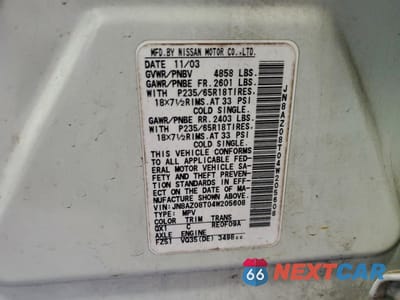 Zdjęcie 13 z 15 samochodu: 2004 NISSAN MURANO SL VIN:JN8AZ08T04W205608 - miniatura