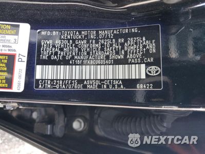 Zdjęcie 12 z 13 samochodu: 2012 TOYOTA CAMRY BASE VIN:4T1BF1FK8CU605401 - miniatura