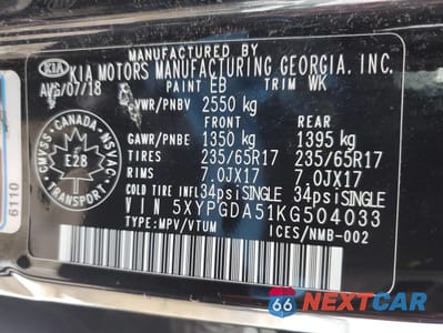 Zdjęcie 13 z 13 samochodu: 2019 KIA SORENTO LX VIN:5XYPGDA51KG504033 - miniatura