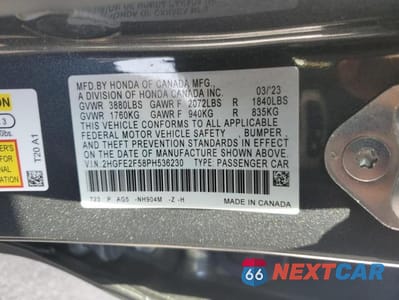 Zdjęcie 12 z 12 samochodu: 2023 HONDA CIVIC SPORT VIN:2HGFE2F58PH536230 - miniatura