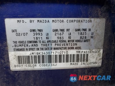 Zdjęcie 12 z 13 samochodu: 2007 MAZDA 3 HATCHBACK VIN:JM1BK343071710710 - miniatura