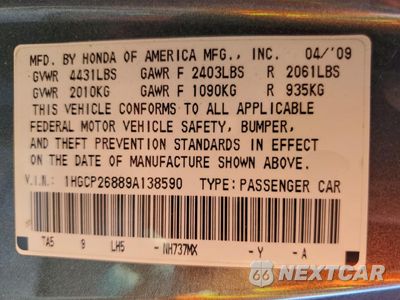 Zdjęcie 12 z 12 samochodu: 2009 HONDA ACCORD EXL VIN:1HGCP26889A138590 - miniatura