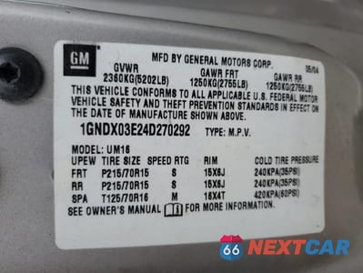 Zdjęcie 13 z 13 samochodu: 2004 CHEVROLET VENTURE VIN:1GNDX03E24D270292 - miniatura
