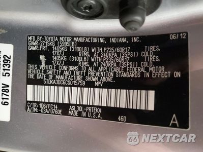 Zdjęcie 15 z 16 samochodu: 2012 TOYOTA SIENNA BASE VIN:5TDKA3DC6CS015759 - miniatura