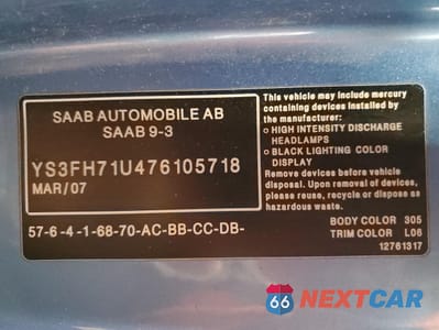 Zdjęcie 12 z 13 samochodu: 2007 SAAB 9-3 AERO VIN:YS3FH71U476105718 - miniatura