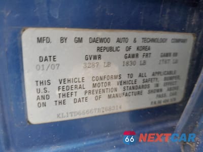 Zdjęcie 14 z 14 samochodu: 2007 CHEVROLET AVEO BASE VIN:KL1TD66667B768314 - miniatura