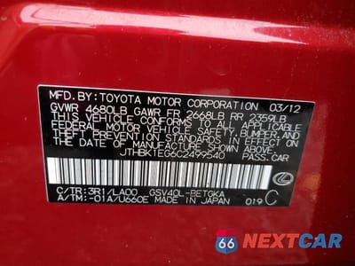 Zdjęcie 12 z 12 samochodu: 2012 LEXUS ES 350 VIN:JTHBK1EG6C2499540 - miniatura