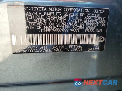 Zdjęcie 14 z 14 samochodu: 2007 LEXUS GS 350 VIN:JTHBE96S670017580 - miniatura