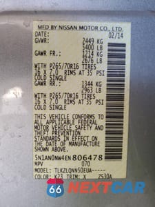 Zdjęcie 14 z 15 samochodu: 2014 NISSAN XTERRA X VIN:5N1AN0NW4EN806478 - miniatura