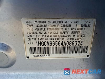 Zdjęcie 12 z 12 samochodu: 2004 HONDA ACCORD EX VIN:1HGCM66564A089324 - miniatura
