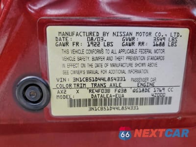 Zdjęcie 12 z 14 samochodu: 2004 NISSAN SENTRA 1.8 VIN:3N1CB51D44L854331 - miniatura