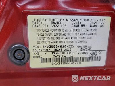 Zdjęcie 12 z 14 samochodu: 2004 NISSAN SENTRA 1.8 VIN:3N1CB51D44L854331 - miniatura