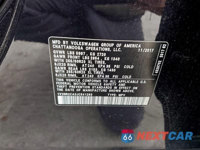 Zdjęcie 13 z 13 samochodu: 2018 VOLKSWAGEN ATLAS SEL PREMIUM VIN:1V2NR2CA3JC541263 - miniatura