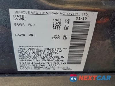 Zdjęcie 13 z 13 samochodu: 2019 NISS ALTIMA S VIN:1N4BL4BV4KN315816 - miniatura