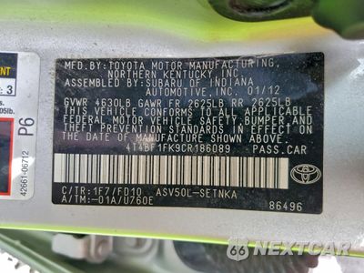 Zdjęcie 12 z 12 samochodu: 2012 TOYOTA CAMRY BASE VIN:4T4BF1FK9CR186089 - miniatura