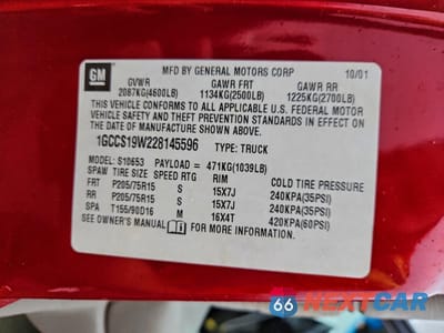 Zdjęcie 12 z 14 samochodu: 2002 CHEVROLET S TRUCK S10 VIN:1GCCS19W228145596 - miniatura