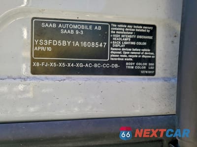 Zdjęcie 12 z 12 samochodu: 2010 SAAB 9-3 2.0T VIN:YS3FD5BY1A1608547 - miniatura