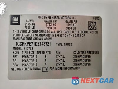 Zdjęcie 12 z 12 samochodu: 2013 CHEVROLET SILVERADO K1500 VIN:1GCRKPE71DZ143721 - miniatura