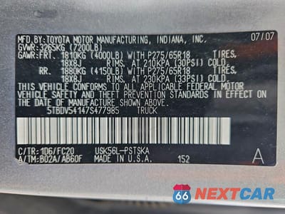 Zdjęcie 12 z 12 samochodu: 2007 TOYOTA TUNDRA CREWMAX SR5 VIN:5TBDV54147S477985 - miniatura