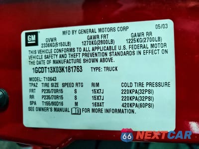 Zdjęcie 12 z 12 samochodu: 2003 CHEVROLET S TRUCK S10 VIN:1GCDT13X03K181763 - miniatura