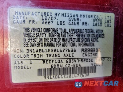 Zdjęcie 12 z 12 samochodu: 2008 NISSAN SENTRA 2.0 VIN:3N1AB61E58L677638 - miniatura