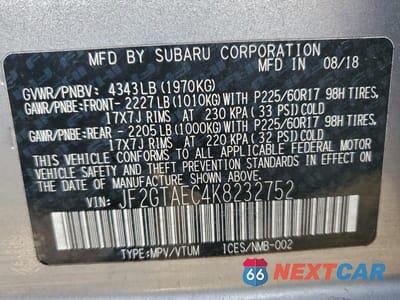 Zdjęcie 12 z 12 samochodu: 2019 SUBARU CROSSTREK PREMIUM VIN:JF2GTAEC4K8232752 - miniatura