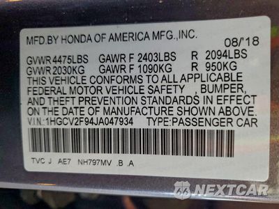 Zdjęcie 12 z 15 samochodu: 2018 HONDA ACCORD TOURING VIN:1HGCV2F94JA047934 - miniatura