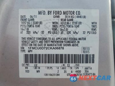 Zdjęcie 12 z 12 samochodu: 2012 FORD ESCAPE XLT VIN:1FMCU0D72CKA06878 - miniatura