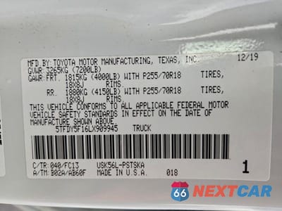 Zdjęcie 12 z 12 samochodu: 2020 TOYOTA TUNDRA SR5 VIN:5TFDY5F16LX909945 - miniatura
