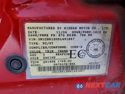 Zdjęcie 12 z 12 samochodu: 2005 NISSAN SENTRA 1.8 VIN:3N1CB51DX5L491857 - miniatura