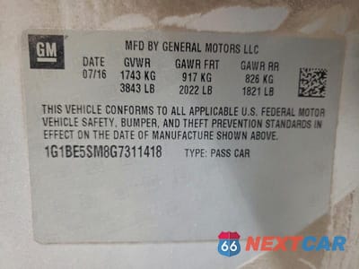 Zdjęcie 12 z 12 samochodu: 2016 CHEVROLET CRUZE LT VIN:1G1BE5SM8G7311418 - miniatura