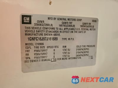 Zdjęcie 13 z 14 samochodu: 2007 CHEVROLET SUBURBAN C1500 VIN:1GNFC16J97J161689 - miniatura