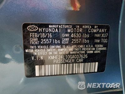 Zdjęcie 12 z 14 samochodu: 2016 HYUNDAI SONATA HYBRID VIN:KMHE24L10GA037626 - miniatura
