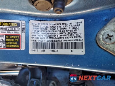 Zdjęcie 12 z 12 samochodu: 2007 HONDA CIVIC EX VIN:1HGFA16867L028292 - miniatura