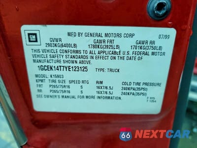 Zdjęcie 12 z 12 samochodu: 2000 CHEVROLET SILVERADO K1500 VIN:1GCEK14T7YE123125 - miniatura