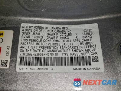 Zdjęcie 12 z 13 samochodu: 2022 HONDA CIVIC SPORT VIN:2HGFE2F59NH578418 - miniatura